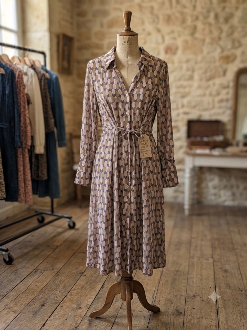 Patterned Beige and Blue Long-Sleeve Shirt Dress with Tie Waist
